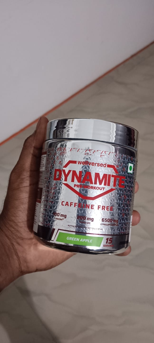Customer photo review of Dynamite Pre-Workout Caffeine Free (195g, 15 Servs) | Green Apple
