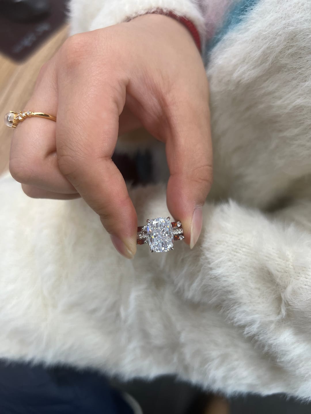 Customer photo review of S925 6.5Ct Cushion Cut Insert Wedding Ring Set With Unique White & Blue/Red Stone Engagement Ring Enhancer