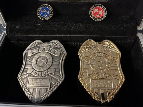 Customer photo review of Resident Evil Stars S.T.A.R.S. Raccoon Police Badge Lapel Pin Movie Props