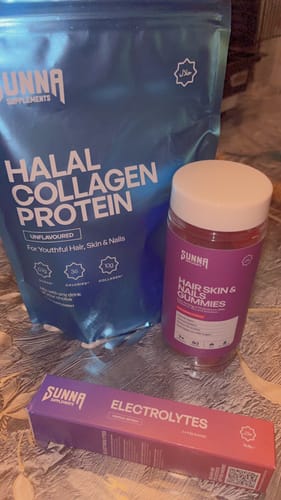 Customer's Black Friday Bundle showing Halal Collagen Protein, Hair Skin & Nails Gummies, and Electrolytes.