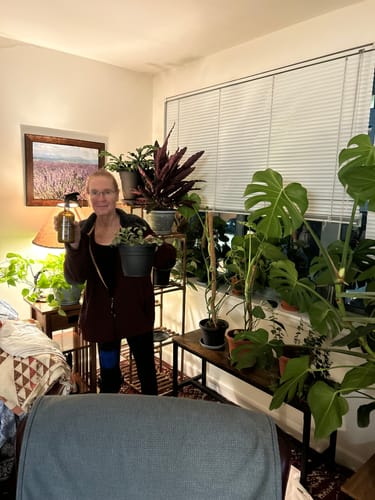Reviewer in a room of plants, holding an amber bottle of Houseplant Pest Spray and a potted plant.