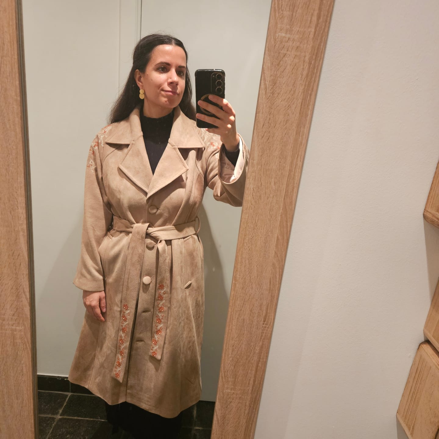 Customer photo review of Joury جوري Hand-Embroidered Maxi Suede Coat