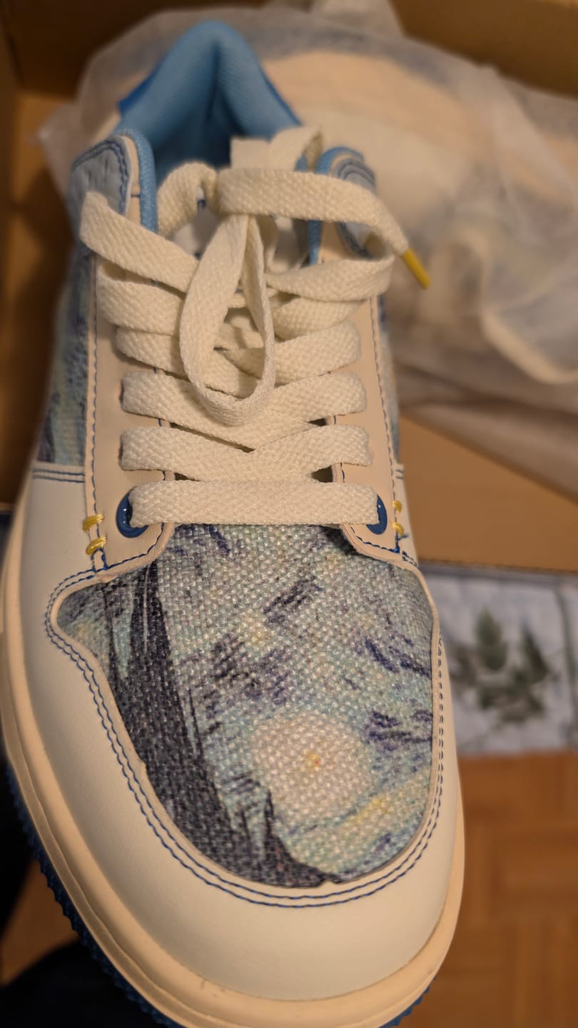 Customer photo review of Van Gogh Starry Night inspired sneakers