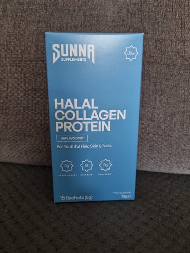 Reviewer's blue box of Halal Collagen Protein sachets from Sunna Supplements.