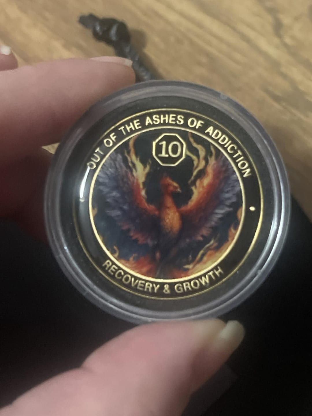 Customer photo review of Phoenix Sobriety Affirmation Coin Gift Set