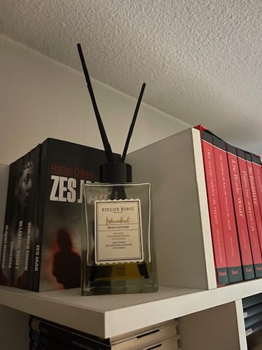 De Istanbul Geurstokjes van een recensent, een glazen fles met zwarte stokjes, op een boekenplank.
