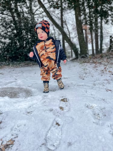 Customer photo review of Hooded Fleece Romper in Ranger (PREORDER)