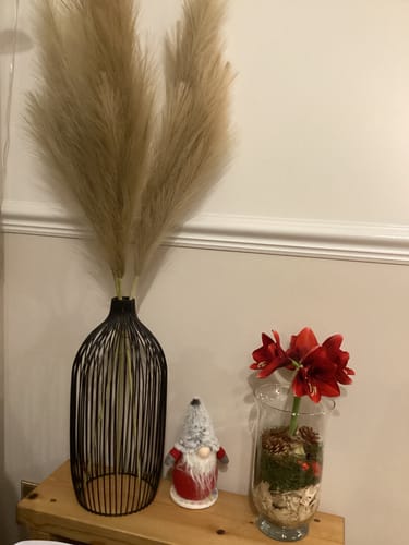 Customer's Tall Faux Pampas Grass displayed in a black wire vase next to other holiday decor.