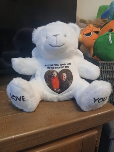 Customer photo review of A Cuddle from Heaven Personalised Photo Teddy Bear