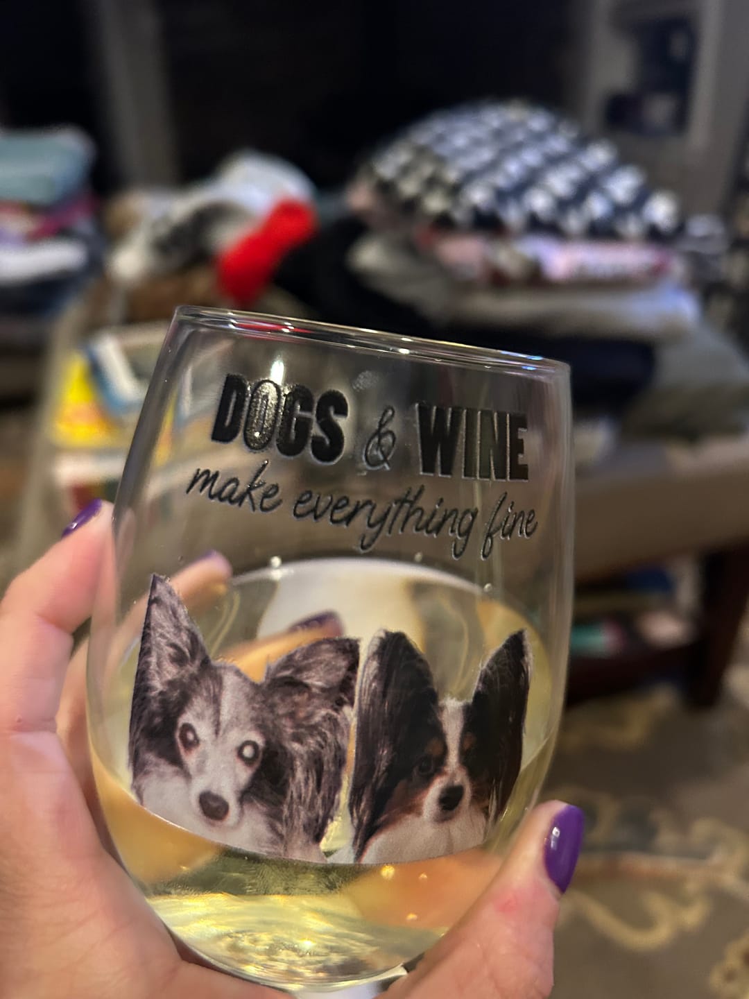 Customer photo review of Pets & wine make me fine -  Personalized Wine Glass