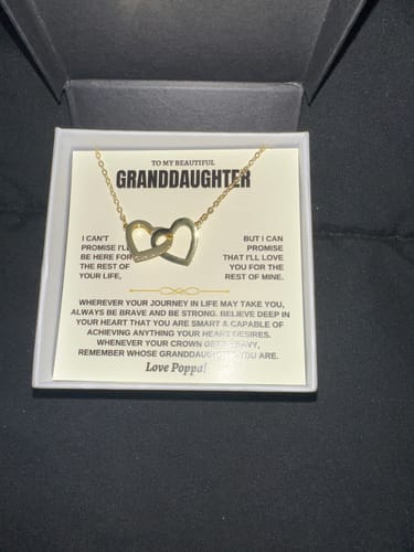 Reviewer's 'Forever Linked Hearts' gift set with the gold necklace and a message card personalized with 'Love Poppa!'.