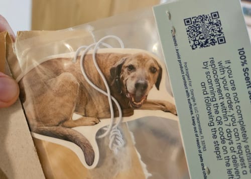 Customer's Custom Air Freshener with a clear photo of their dog, shown inside its packaging.