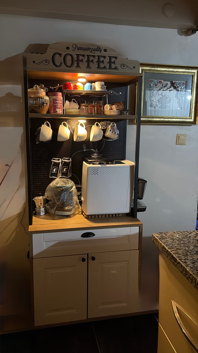 Customer photo review of Rani JE157 Işıklı Kahve Köşesi Membran Kapaklı Çekmeceli Çok Amaçlı Mutfak Dolabı Sepet Ceviz - Beyaz