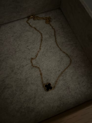 Kunde zeigt das Schmuck-Geschenk: eine goldene Halskette mit einem schwarzen Kleeblatt-Anhänger in einer Box.