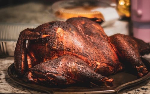 Reviewer's delicious smoked turkey with dark, crispy skin, made with the Turkey Brine Kit.