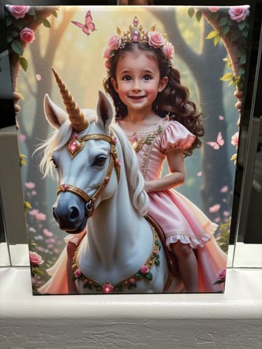 Customer's detailed Enchanted Unicorn Princess canvas print showing a girl riding a white unicorn.