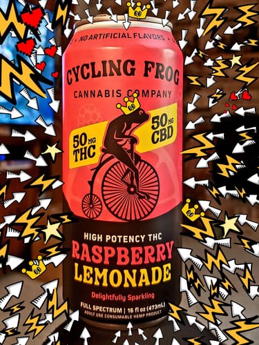 Reviewer's creatively edited photo of a Sparkling THC Raspberry Lemonade can with cartoon crowns and lightning bolts.