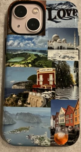 Customer's custom iPhone 13 Mini case with a vibrant photo collage of travel pictures.