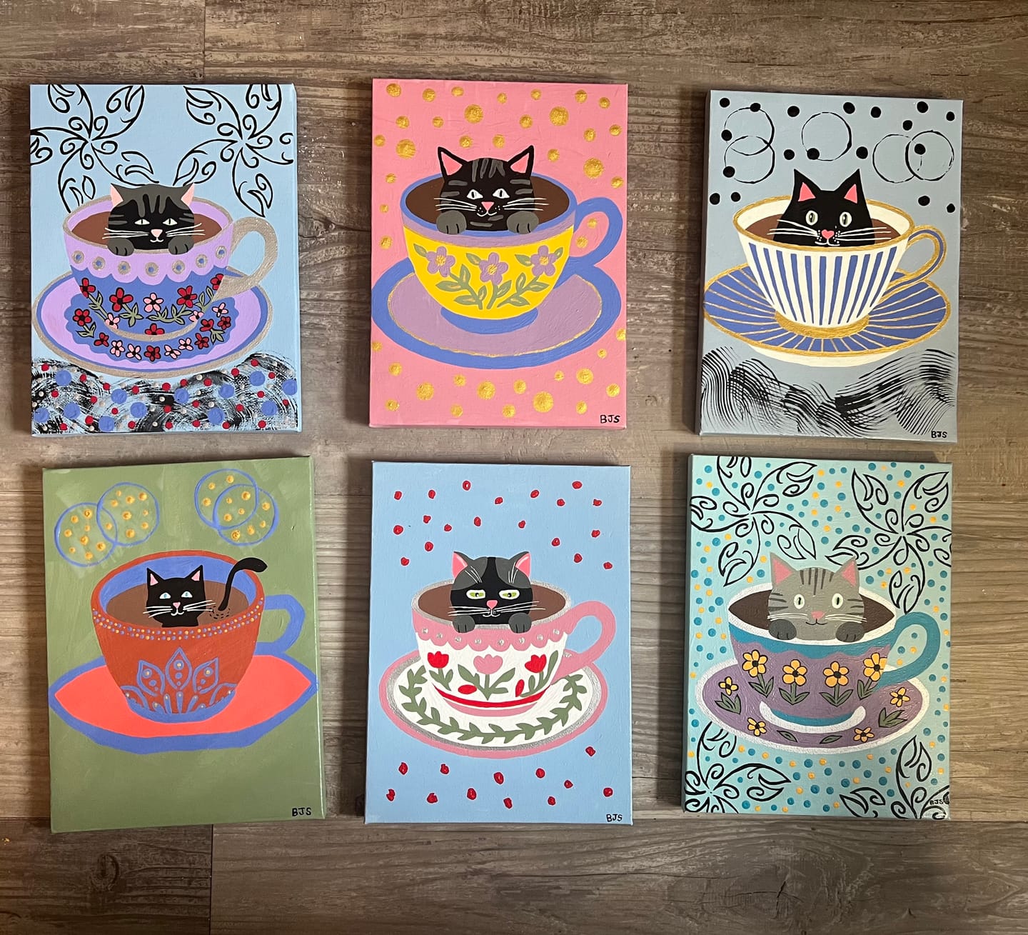 Customer photo review of 6 Mini Paintings -   Cats in Coffee Cups Set
