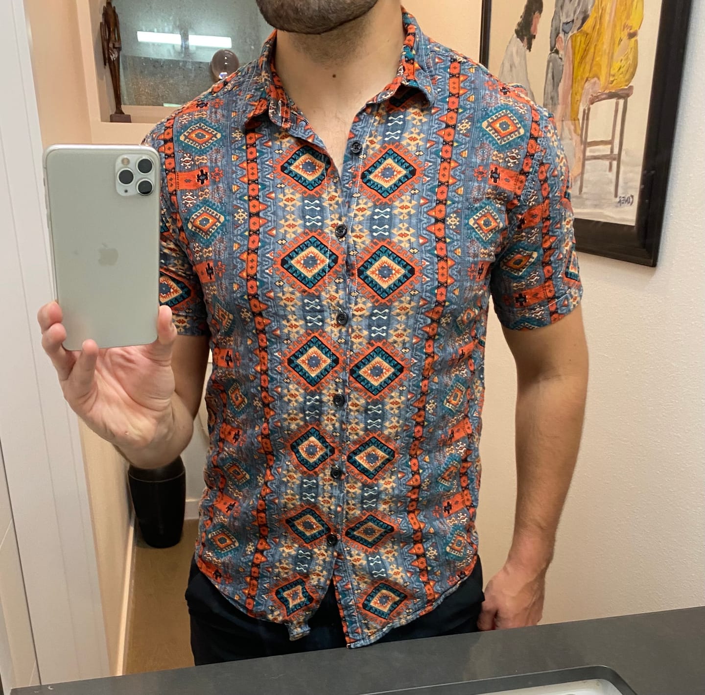 Customer photo review of Men's Casual Vintage Short Sleeve 70s Retro Patchwork Button Up Lapel Shirt