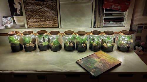 Kundenfoto der neun fertigen Flaschengärten vom Kindergeburtstag, aufgereiht und mit Lichterketten beleuchtet.