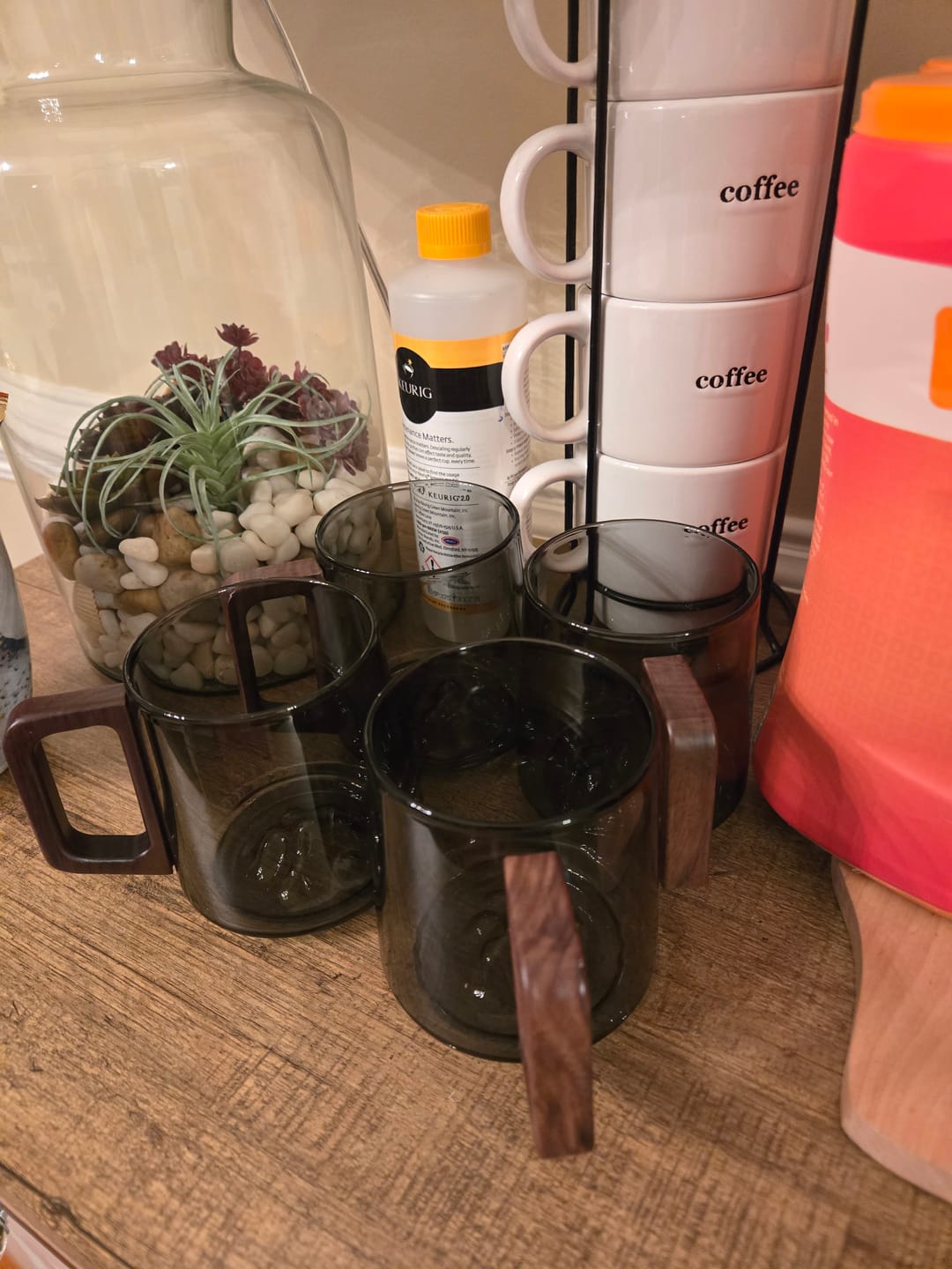 Customer photo review of Smokey Gray Glass Slanted Coffee Cups With Wooden Handle