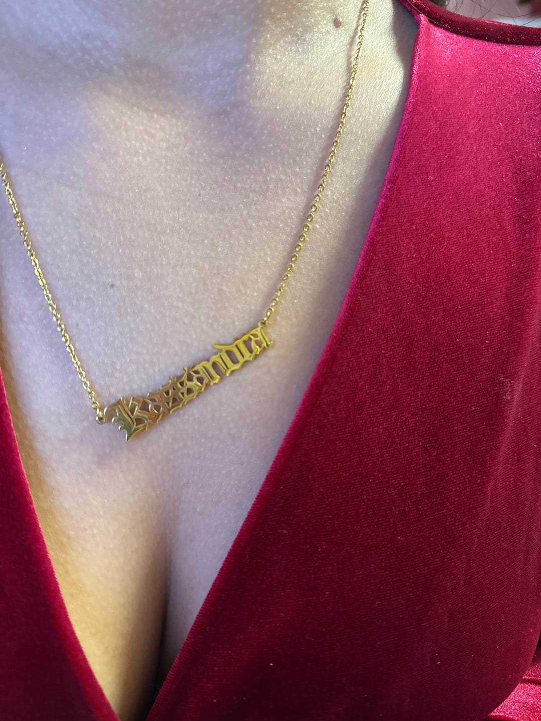 Customer photo review of Gothic Name Necklace