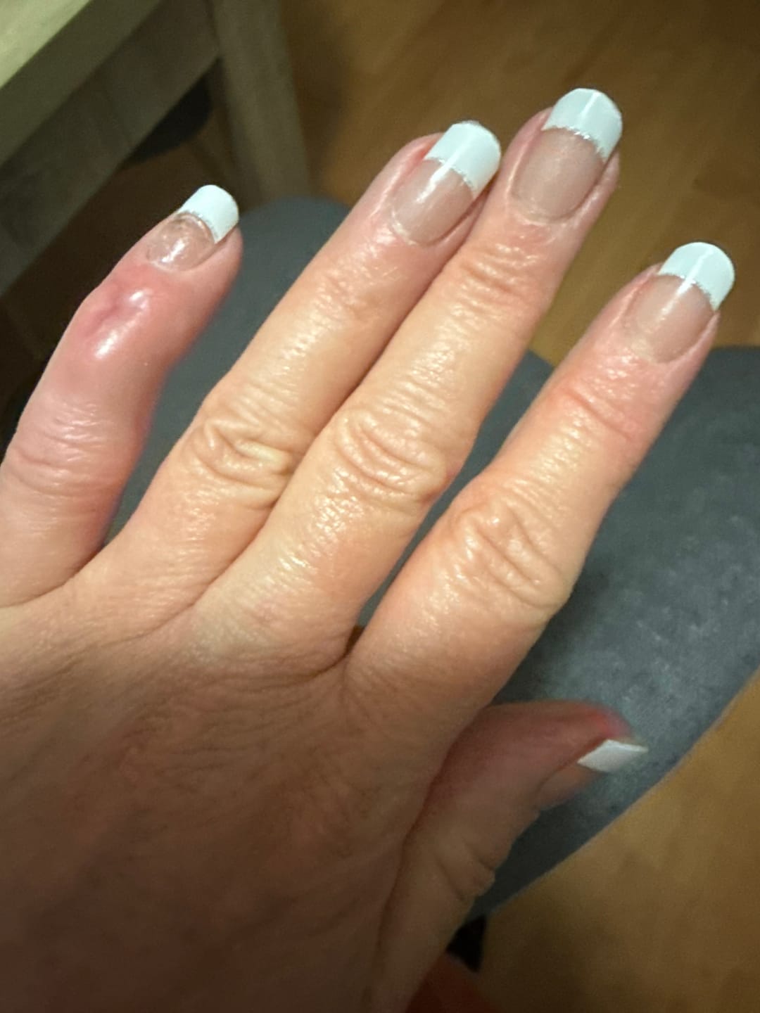 Customer photo review of White French Tip Glitter DIY Semicured Gel Nail Sticker Kit