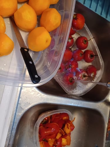 Customer preparing Tamarillos, showing the red fruit being washed, the peeled orange fruit, and the skins in a sink.