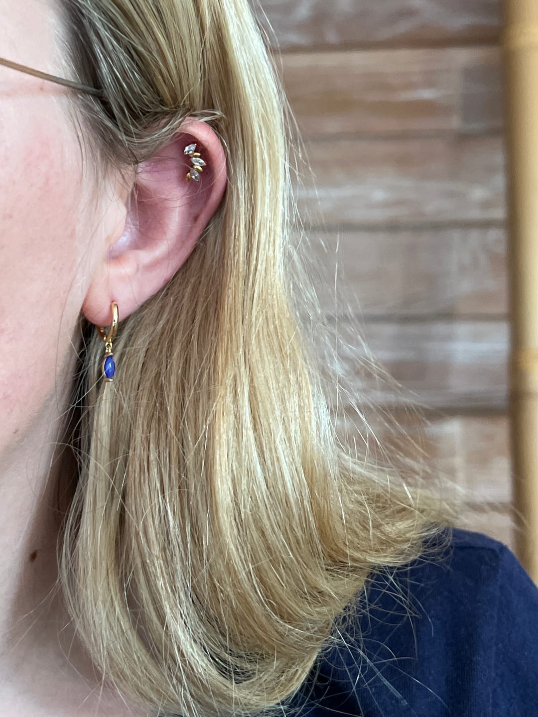 Customer photo review of The Blue Marquise Drop Huggies