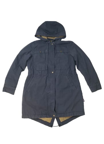 Customer's long, dark blue Patagonia parka with a sherpa-lined hood against a white background.