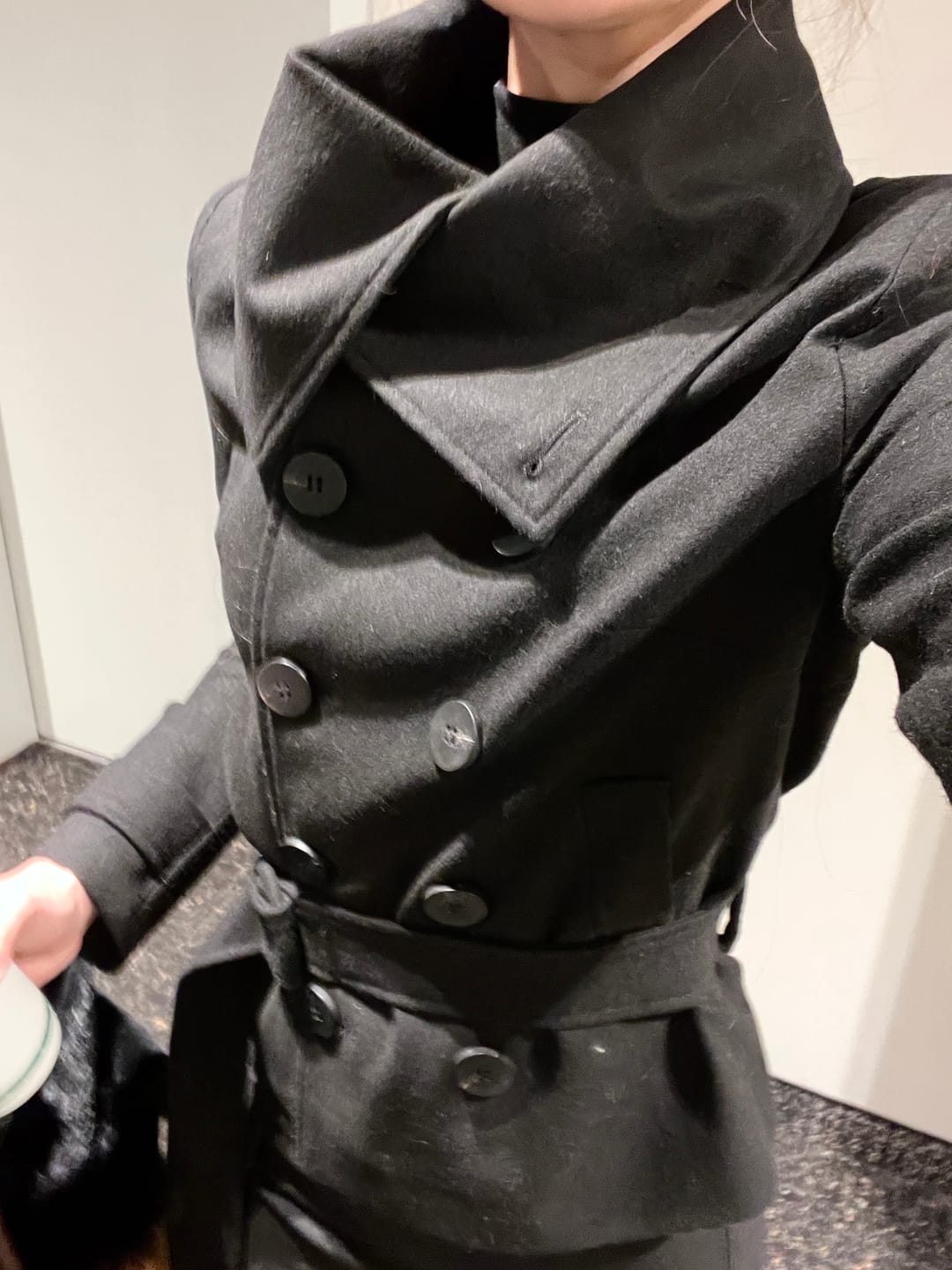 Customer photo review of IAMXIAA Wool-Like High Neck Belted Double-Breasted Jacket