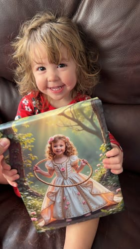 Customer's smiling child holding her personalized 'The Playful Princess' canvas portrait.