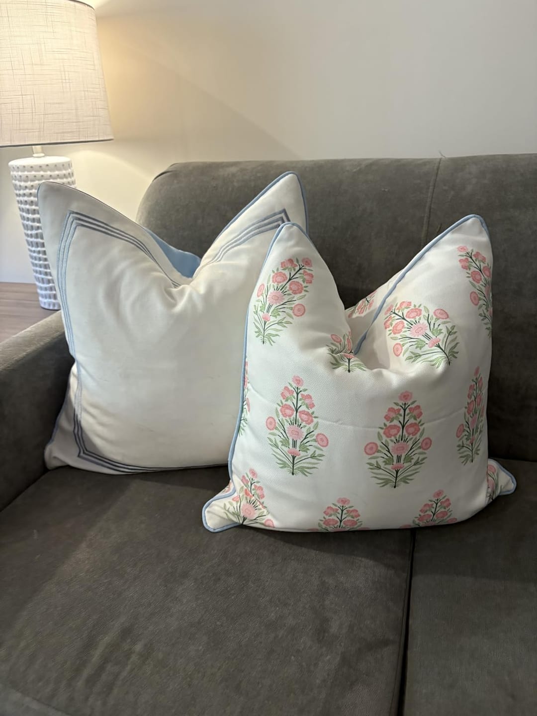 Customer photo review of Coastal Indoor Outdoor Throw Pillow Cover, Floral with Piping, Pink Green Baby Blue, 18"x18"