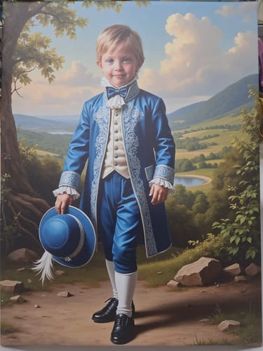 Customer's 'The Boy in Blue' canvas portrait showing a young boy in a blue historical suit.