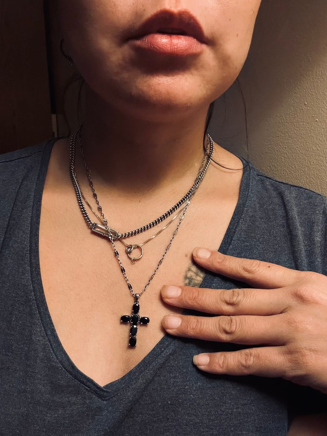 Customer photo review of Noir Cross Necklace