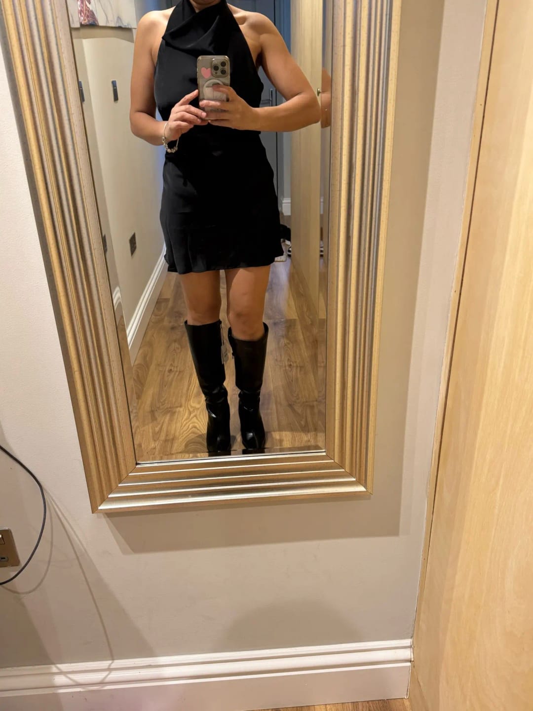 Customer photo review of Callie Satin Halter Draped Mini Dress