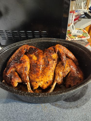Reviewer's juicy, roasted turkey in a pan, prepared using the Turkey Brine Kit.