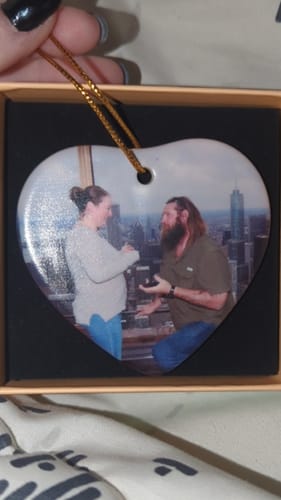 Customer photo review of Engagement Ornament - Custom Map & Photo Gift Heart-shaped Ceramic Ornament
