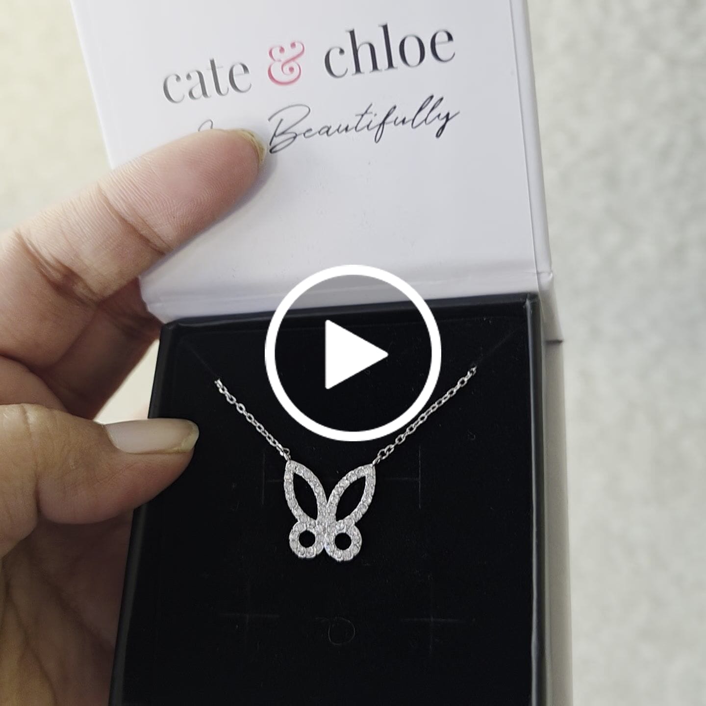 Customer video review of Maxine 18k White Gold Plated Butterfly Necklace with Swarovski Crystals