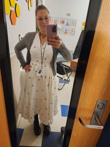 Customer photo review of Handmade Cream White Embroidered Linen Cotton Wrap Dress – Vintage Summer Midi 5835