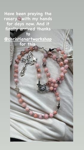 Customer photo review of FREE Today: Handmade Rosary with Pink Round Beads & Crucifix – A Floral Tribute to the Sacred Heart