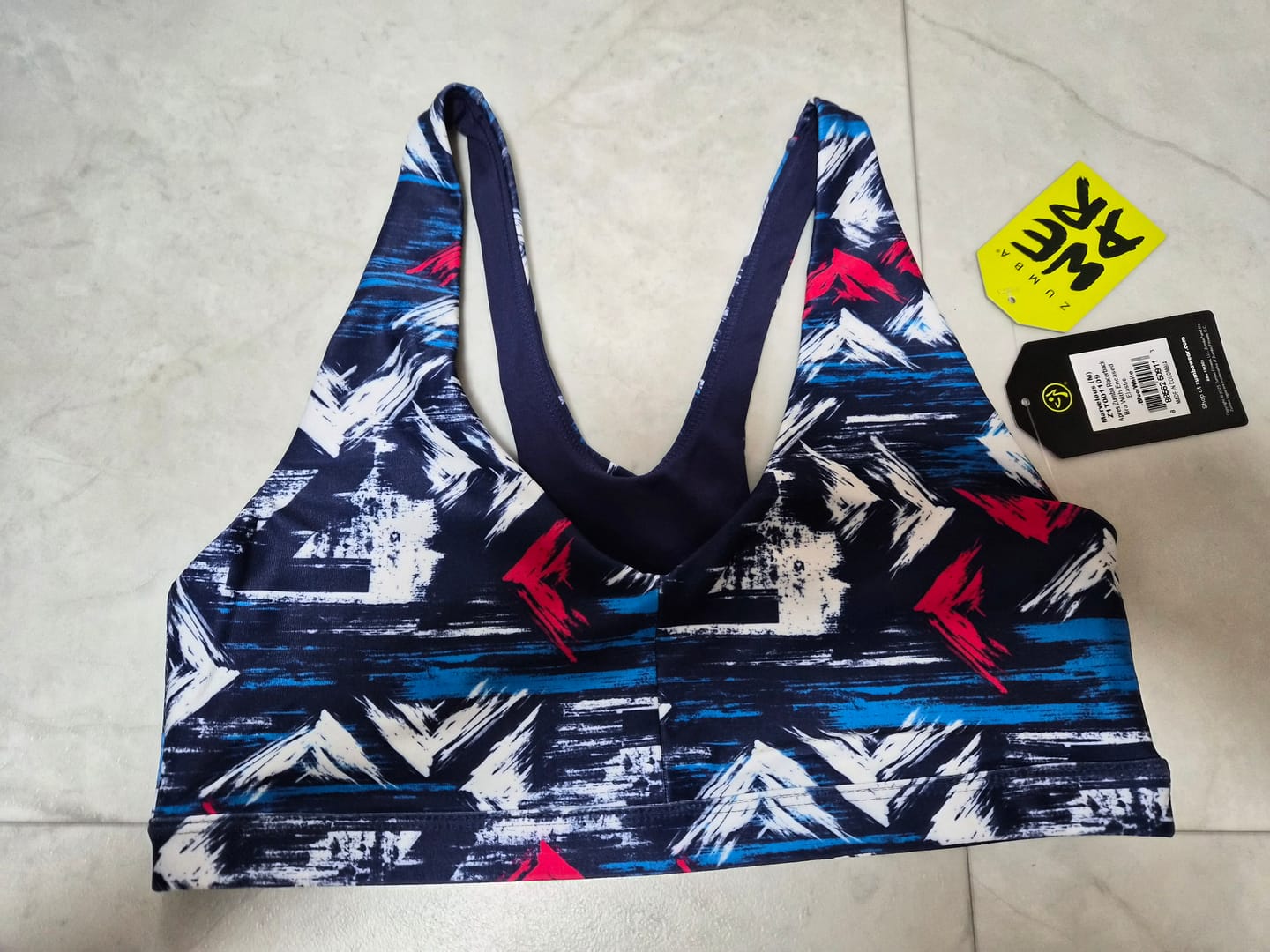 Customer photo review of Apres Zumba Racerback Bra With Encased Elastic - Blue/White