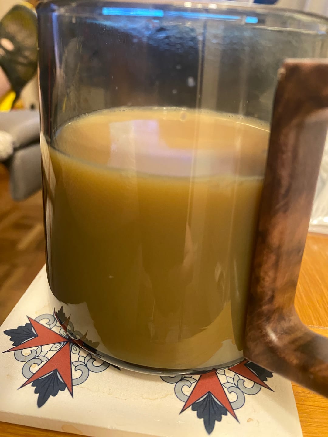 Customer photo review of Smokey Gray Glass Slanted Coffee Cups With Wooden Handle