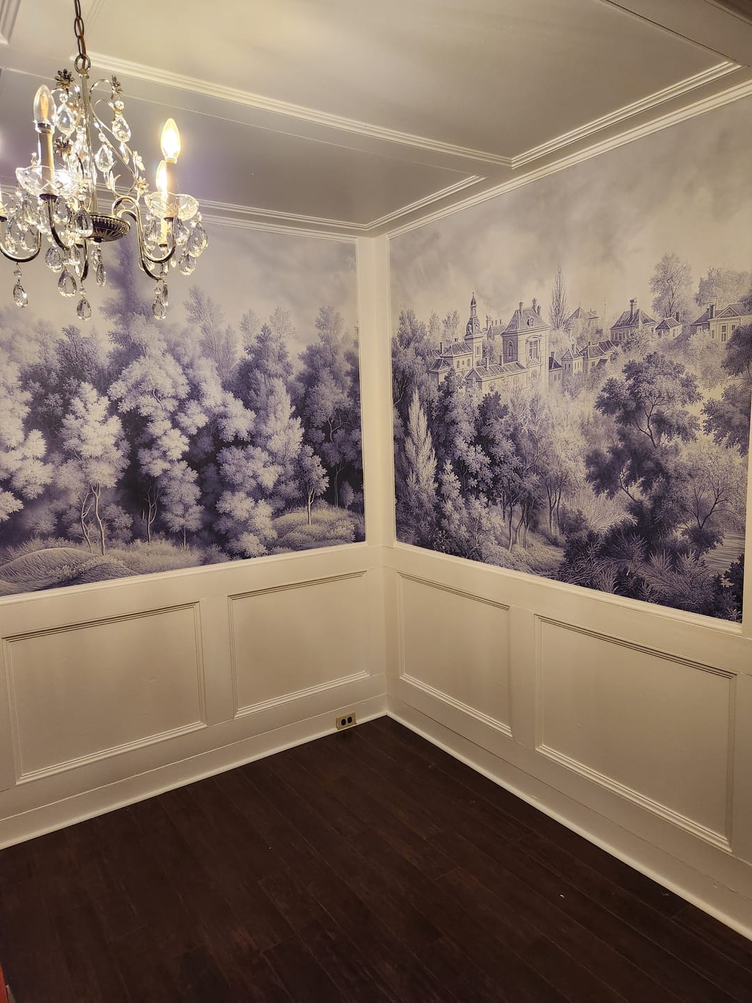 Customer photo review of Classic French Style Mural, Blue Monochrome Forest Landscape Wallpaper, Peel and Stick Toile de Jouy Style Wall Decor, Town and Trees Art