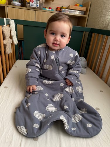 Customer photo review of Organic Cotton & Camel Wool Long Sleeve Sleep Sack 2.5 TOG - Blue Sky