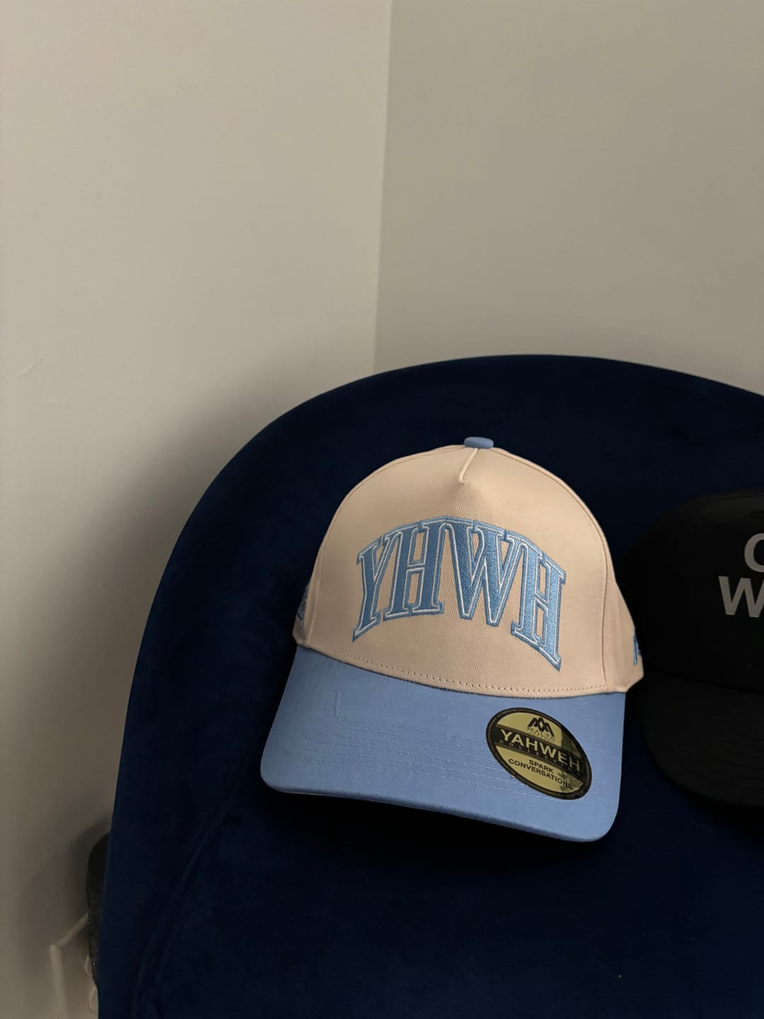 Customer photo review of ‘YHWH’ Structured SnapBack - Cream/Baby Blue