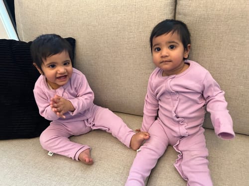 Customer photo review of Ruffled Zipper Sleeper - GRAPE