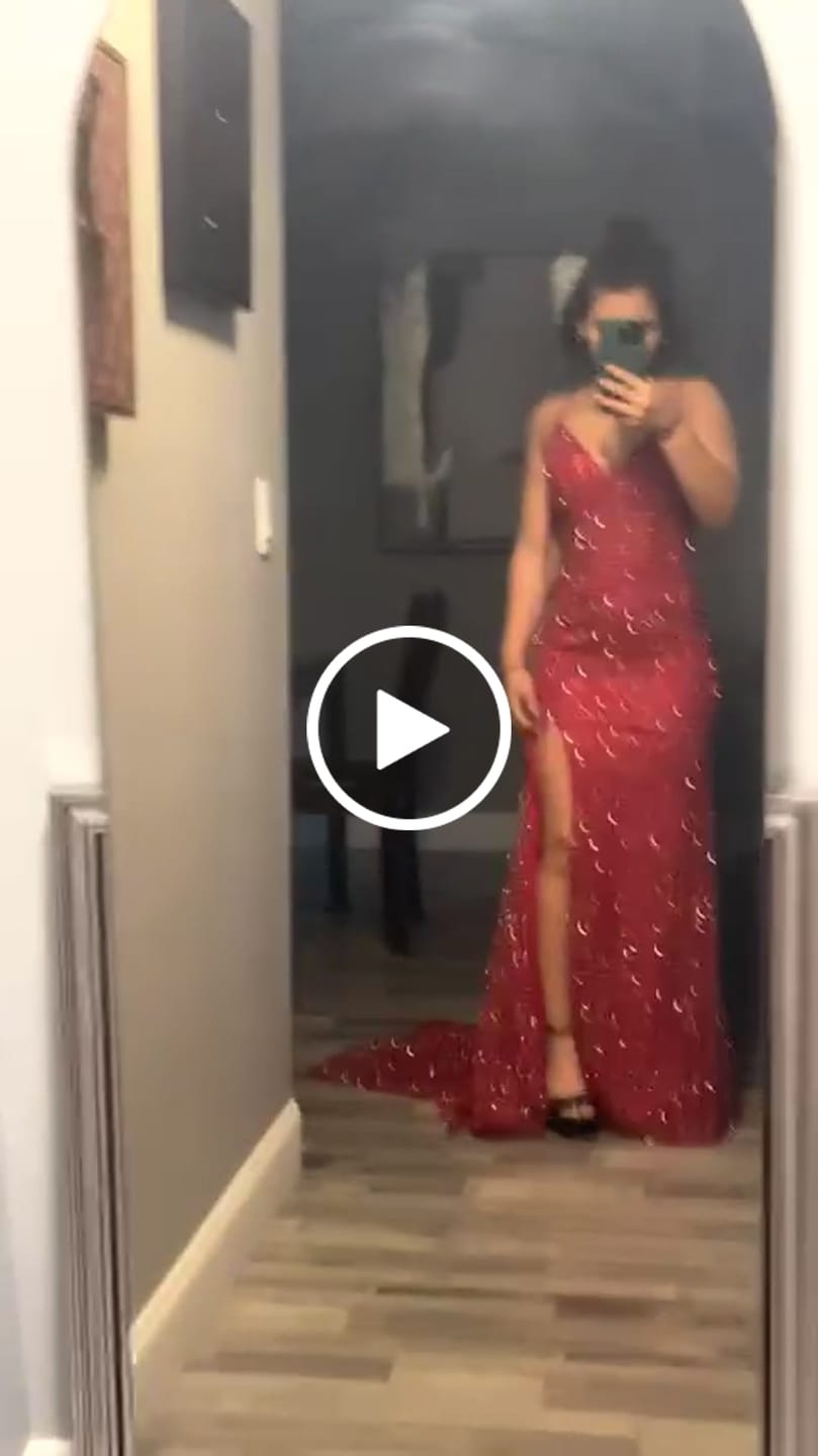 Customer video review of CINDERELLA DIVINE CC2167 Fitted V-Neck Sparkling Flocked Gown