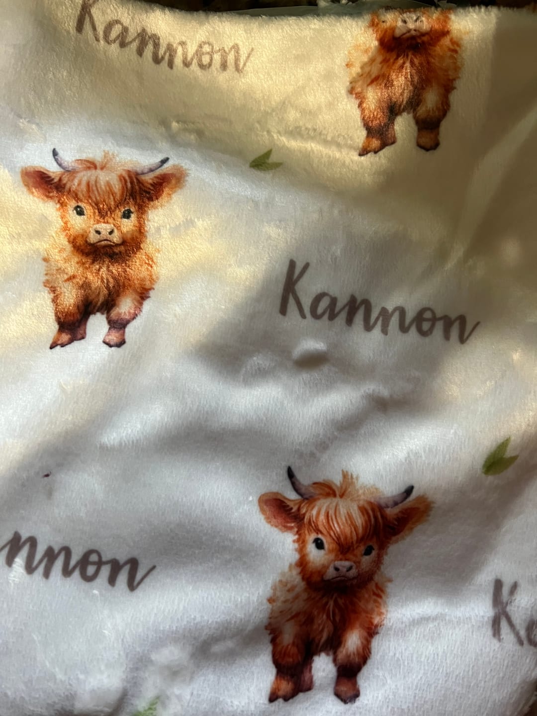 Customer photo review of Highland Cows personalized baby blanket